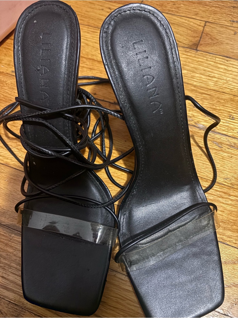Liliana Black Lace-Up Clear Strap Square Toe Heels